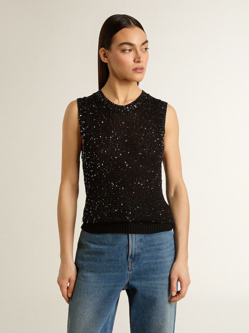 Golden Goose - Schwarzes Netzstrickoberteil mit Pailletten und Kontrastdetails in 