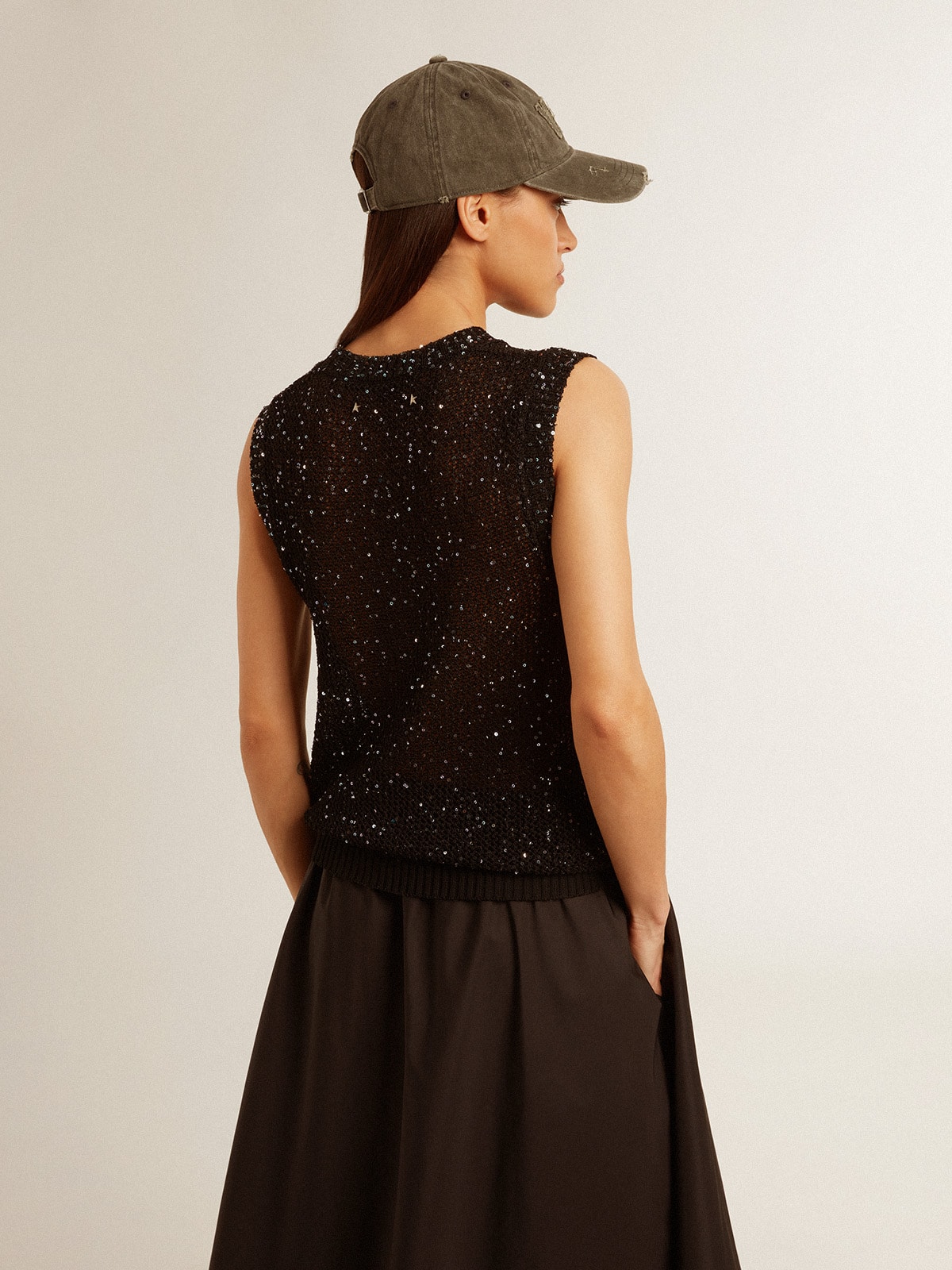 Golden Goose - Top in maglia a rete nero con paillettes e dettagli a contrasto in 