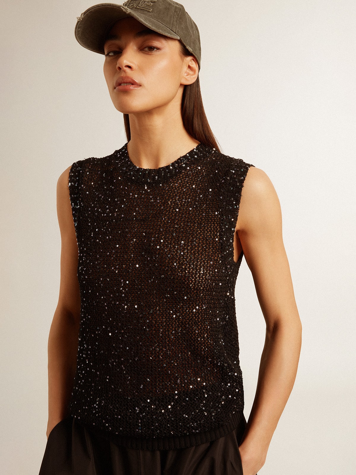 Golden Goose - Top in maglia a rete nero con paillettes e dettagli a contrasto in 