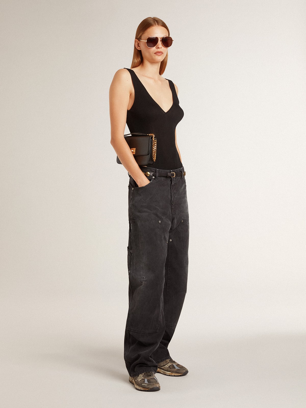 Golden Goose - Women's distressed black cotton jeans with front patches in 