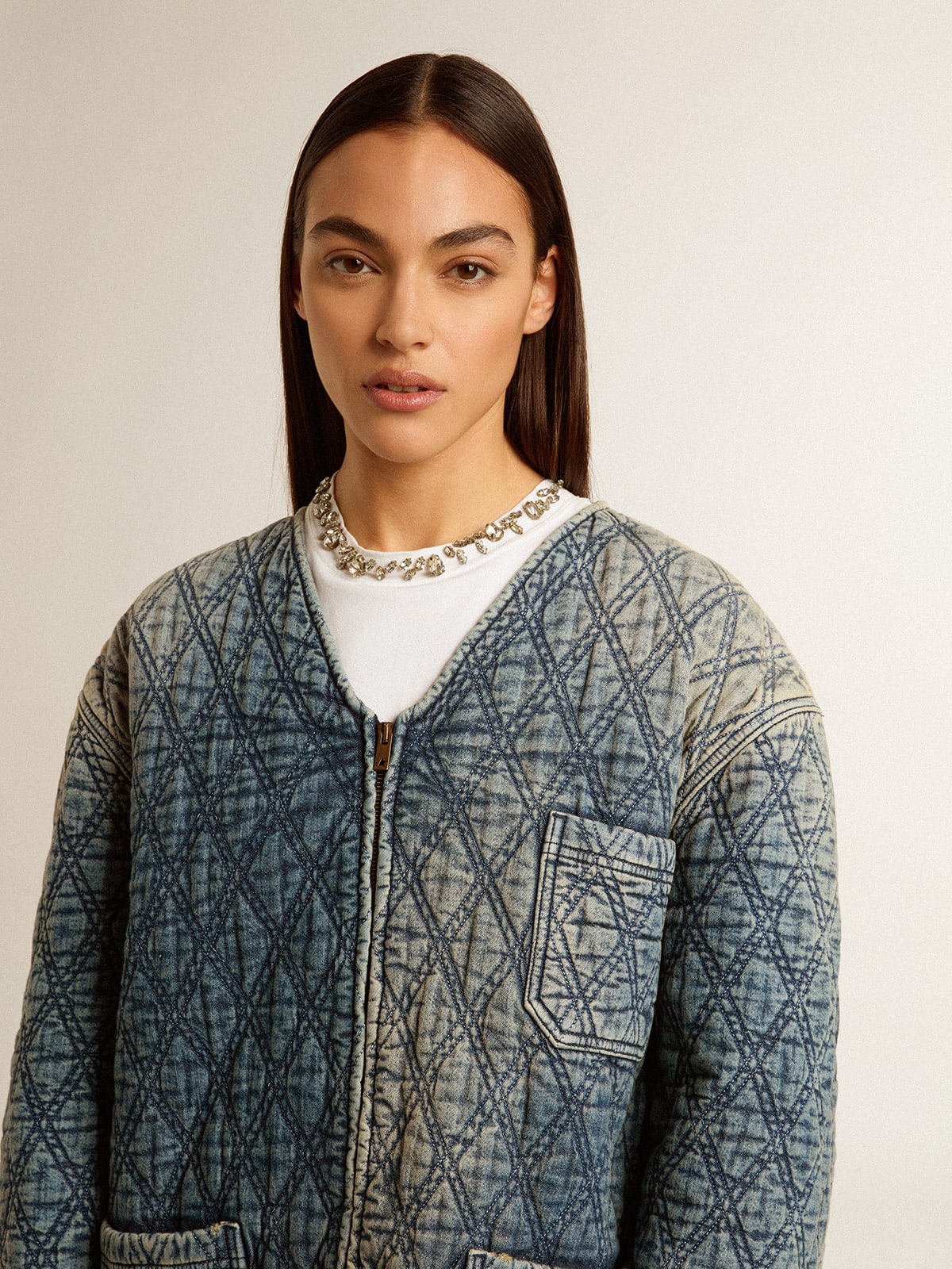 Golden Goose - Blaue gesteppte Damenjacke aus Denim-Baumwolle mit Distressed-Finish in 