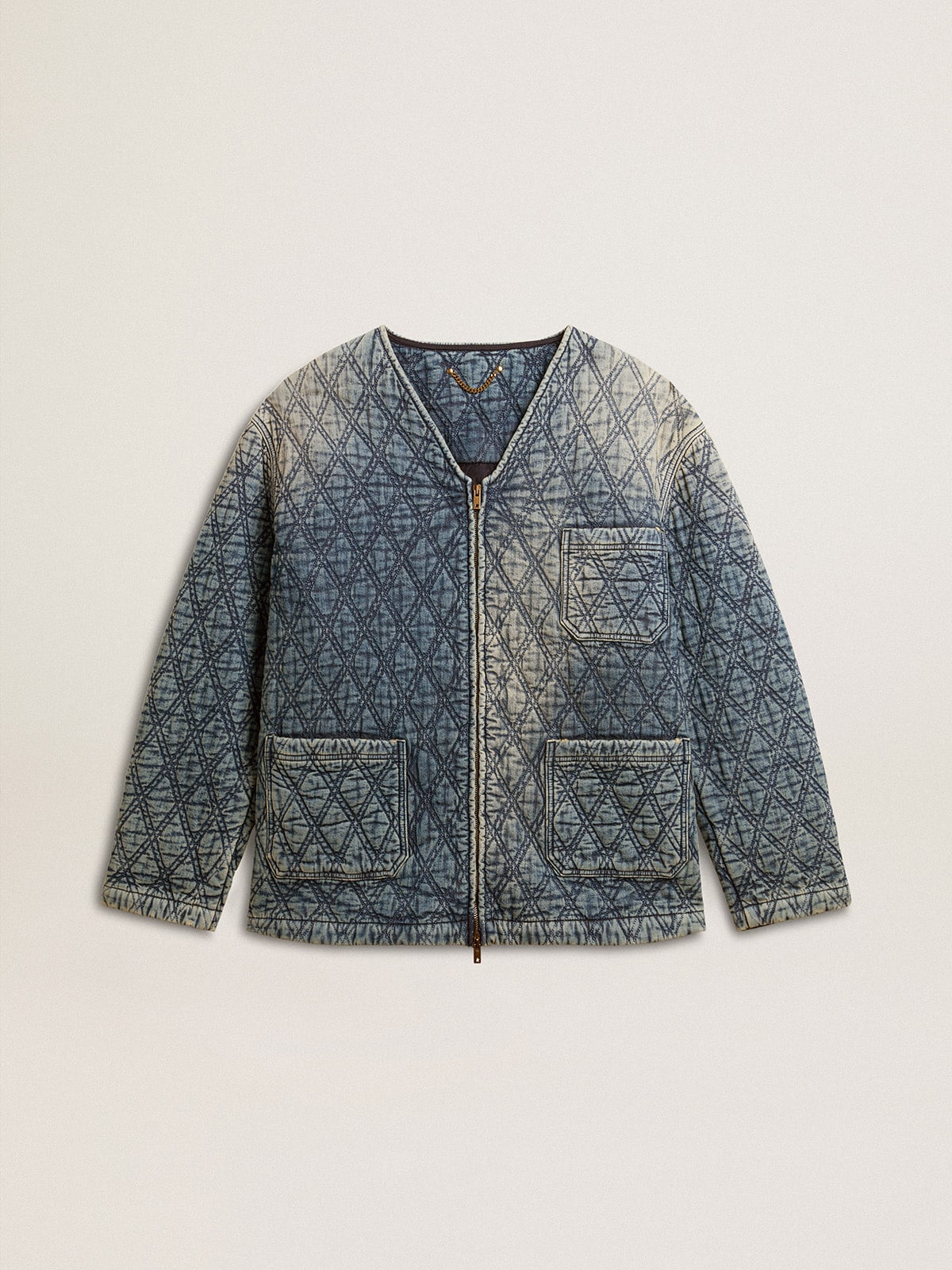 Golden Goose - Giacca blu trapuntata da donna in cotone denim dal trattamento distressed in 