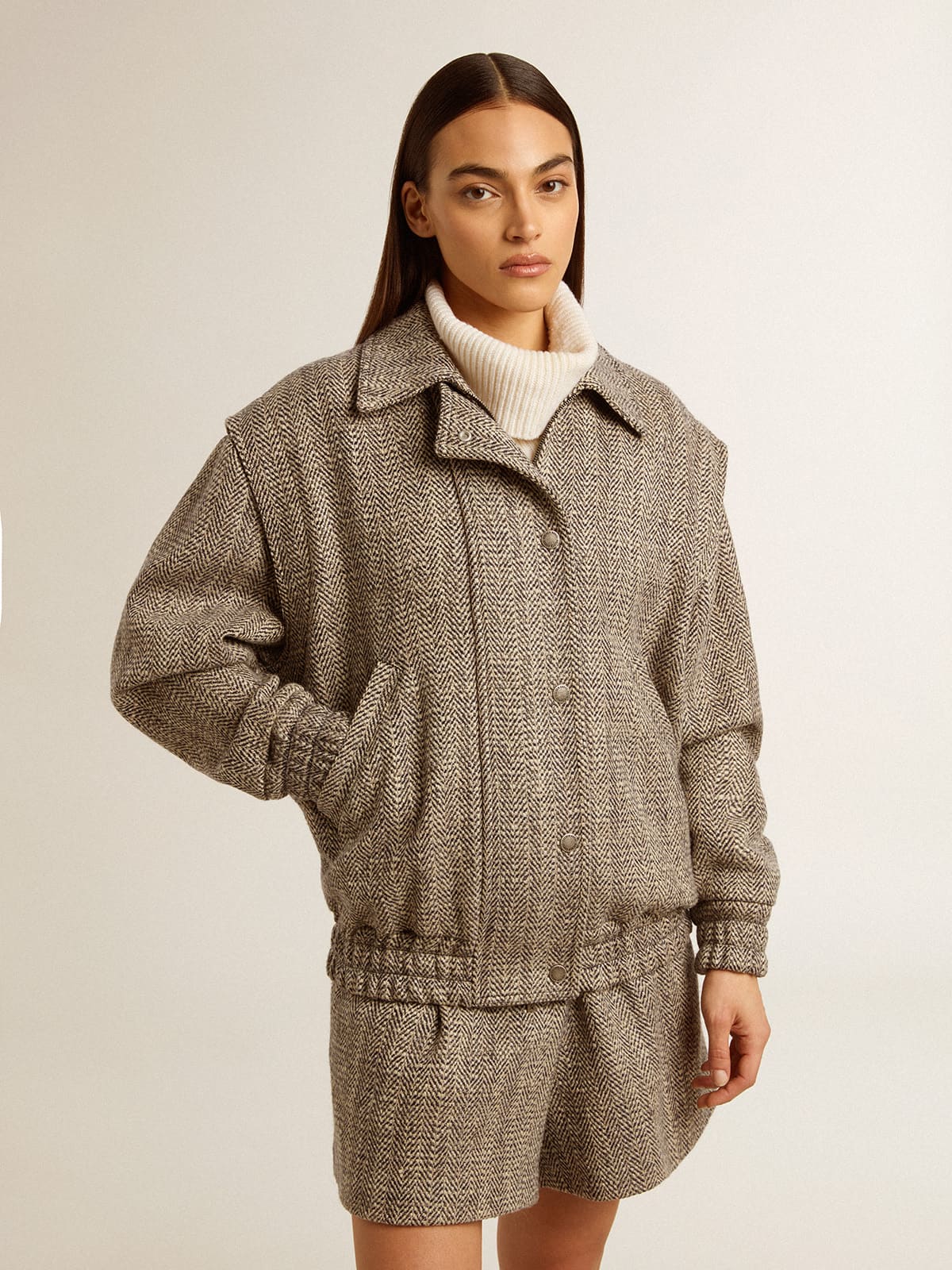 Golden Goose - Women's bomber jacket in ecru brown herringbone wool in 