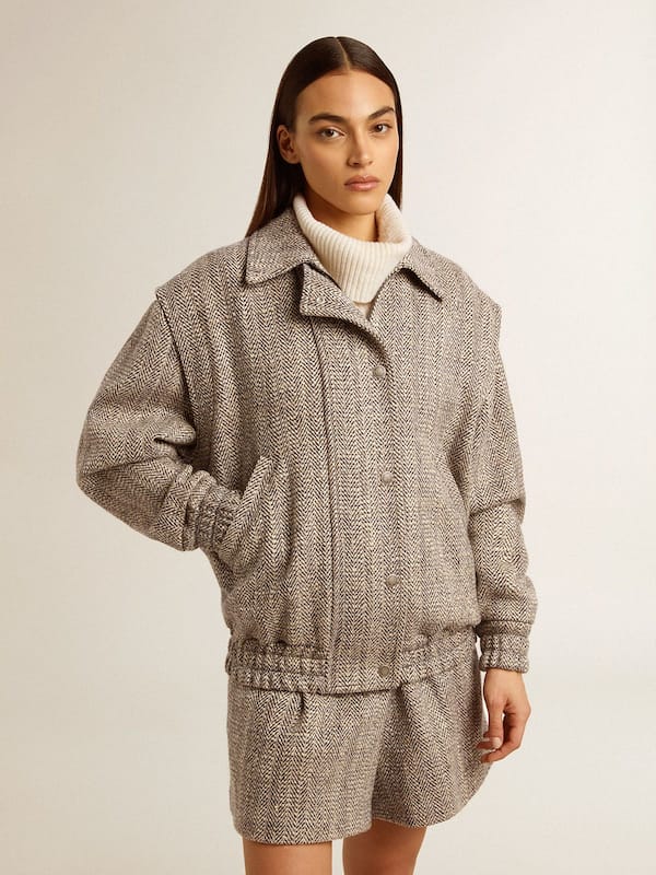 Golden Goose - Women's bomber jacket in ecru brown herringbone wool in 