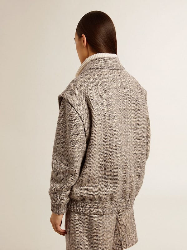 Golden Goose - Women's bomber jacket in ecru brown herringbone wool in 