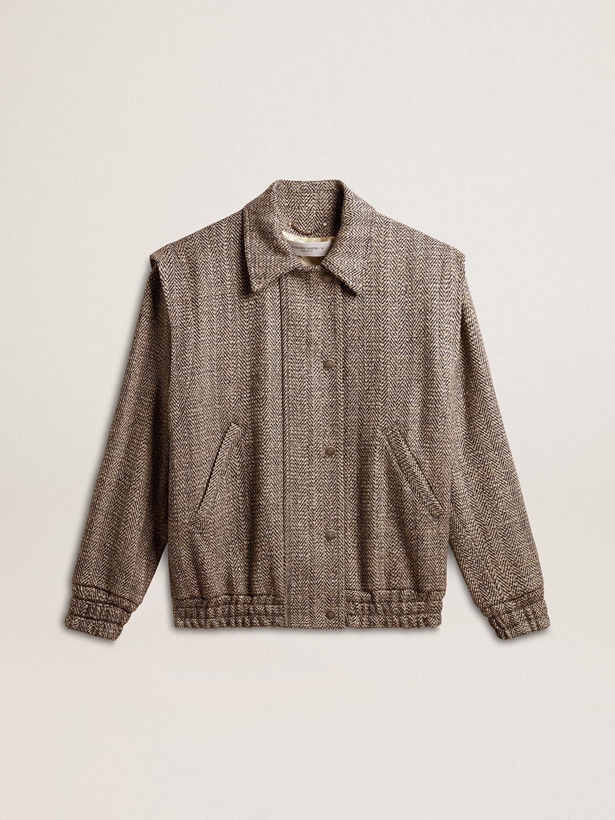 Golden Goose - Women's bomber jacket in ecru brown herringbone wool in 