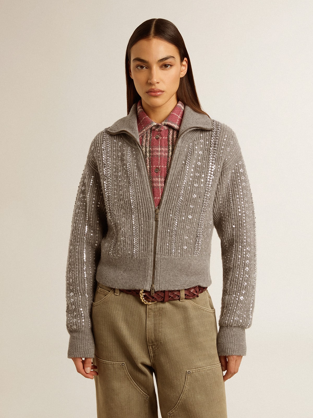 Golden Goose - Maglione cropped da donna in lana grigio melange con paillettes in 