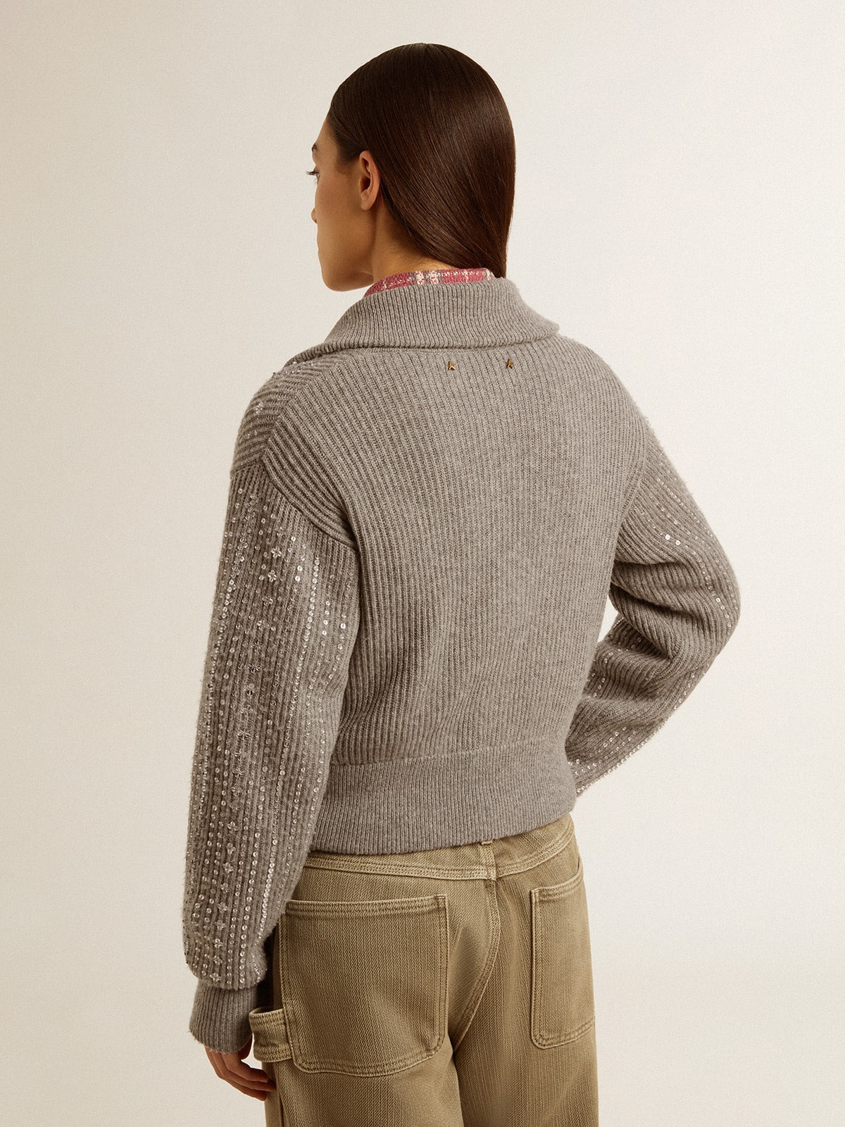 Golden Goose - Women's cropped sweater in gray melange wool with sequins in 