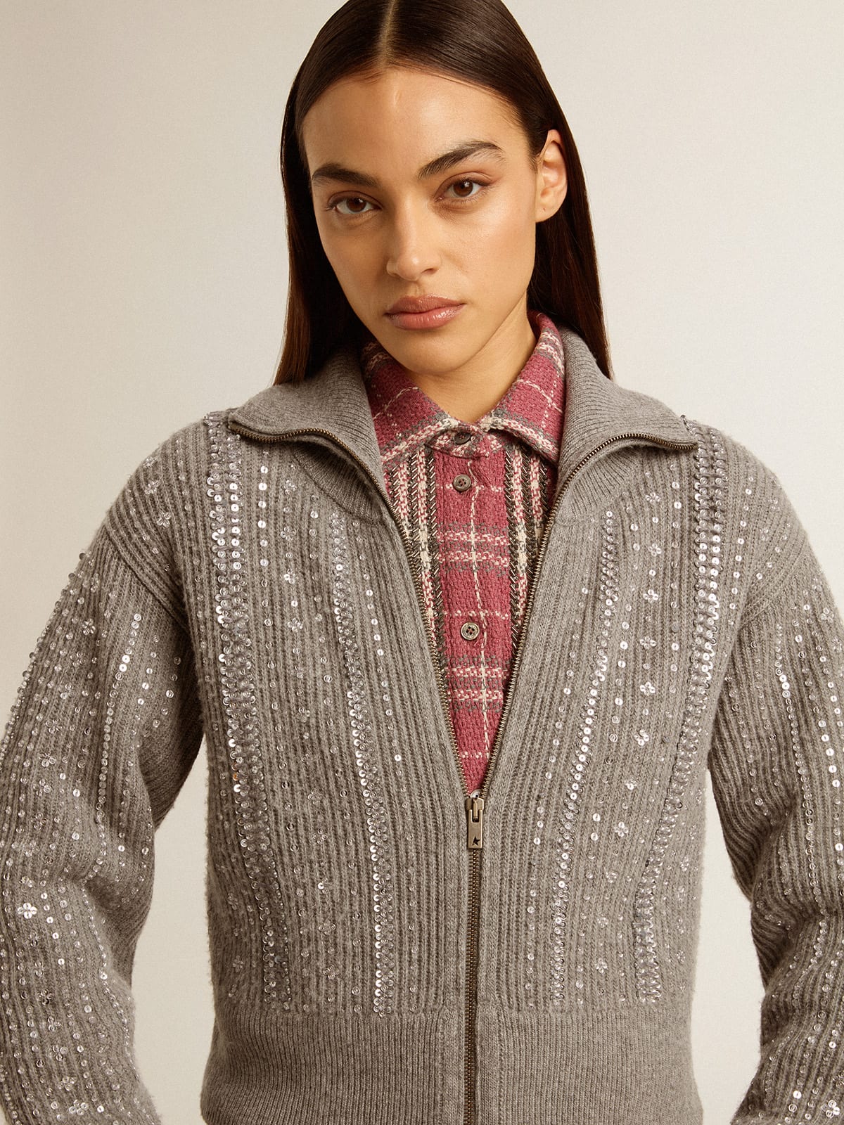 Golden Goose - Women's cropped sweater in gray melange wool with sequins in 