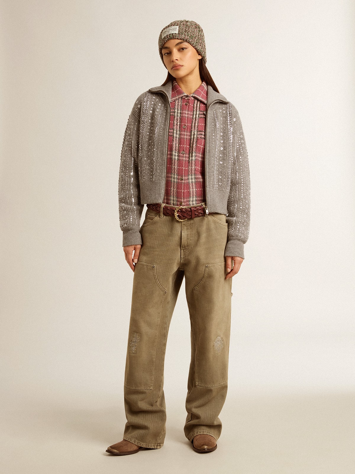 Golden Goose - Jersey cropped de mujer de lana gris jaspeada con lentejuelas in 