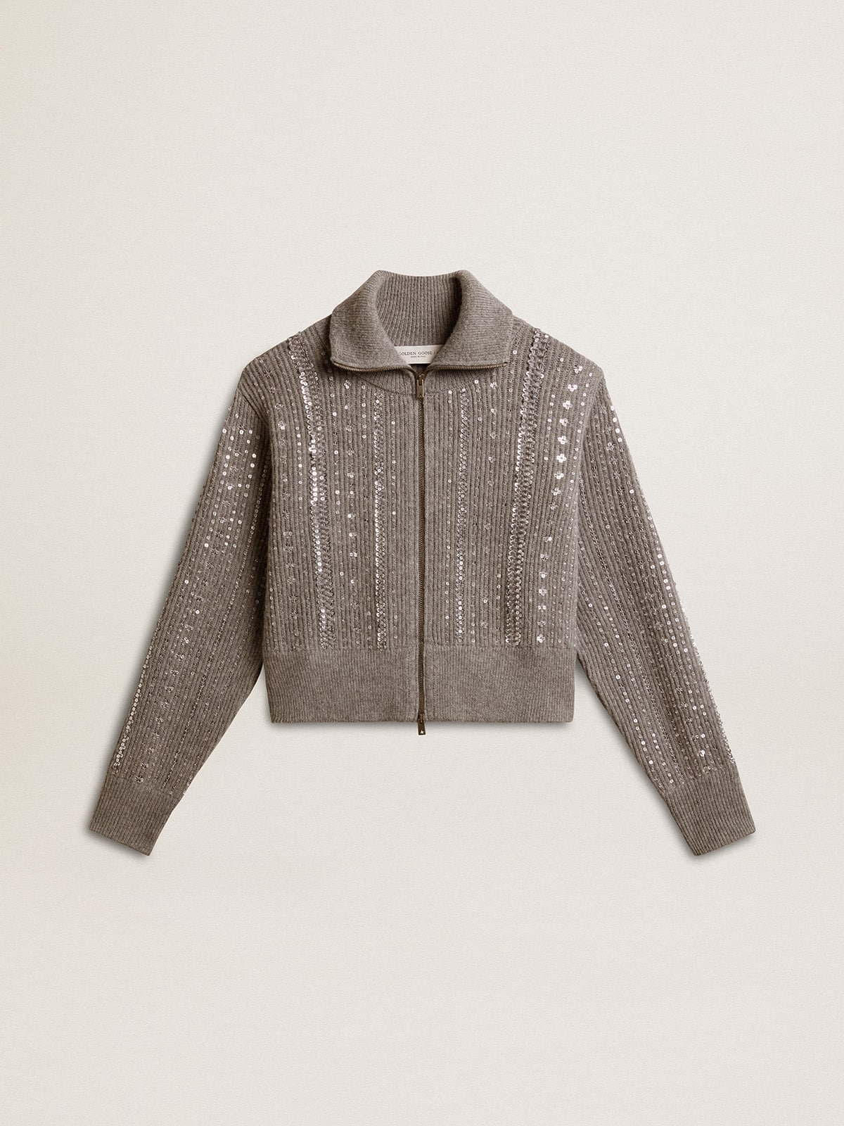 Golden Goose - Maglione cropped da donna in lana grigio melange con paillettes in 