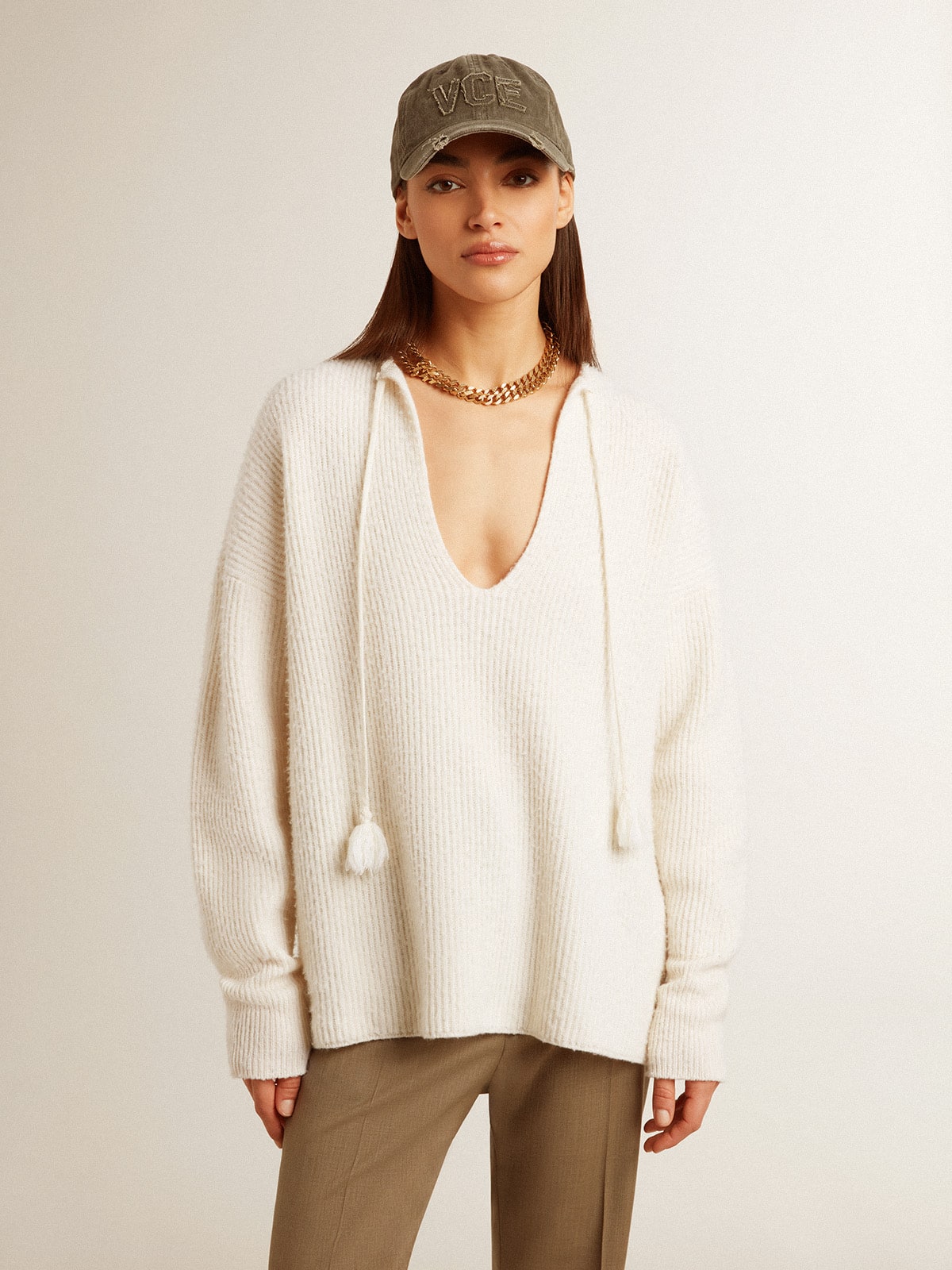 Golden Goose - Ribbed wool sweater with V neck and drawstring with tassels in 