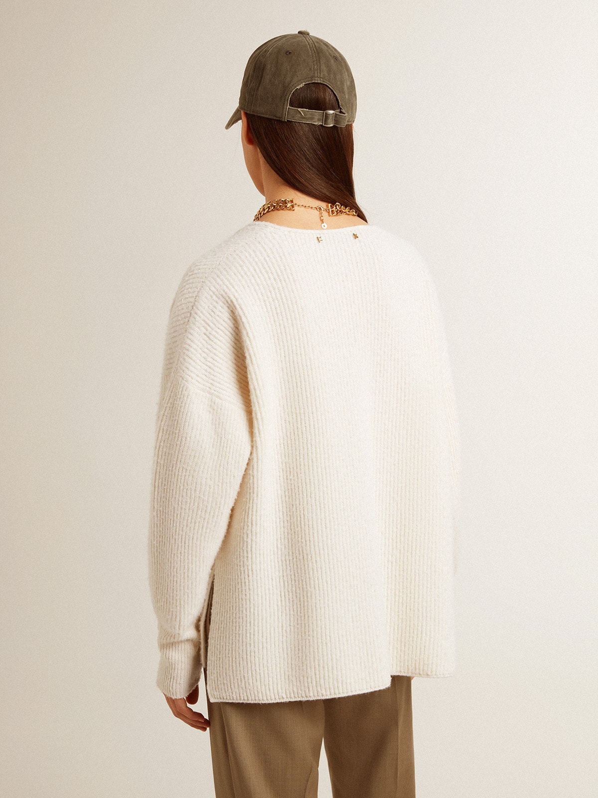 Golden Goose - Ribbed wool sweater with V neck and drawstring with tassels in 