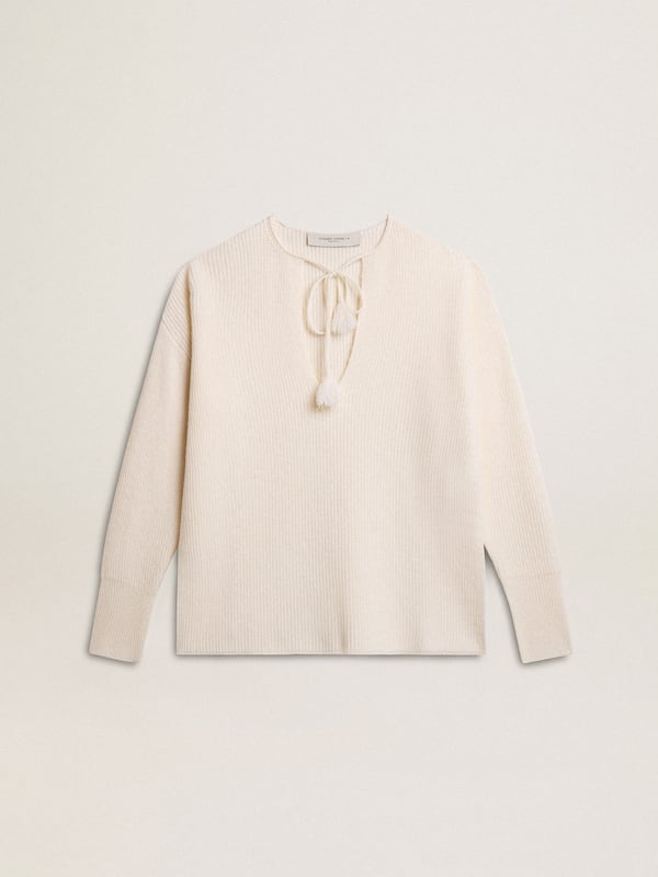 Golden Goose - Ribbed wool sweater with V neck and drawstring with tassels in 