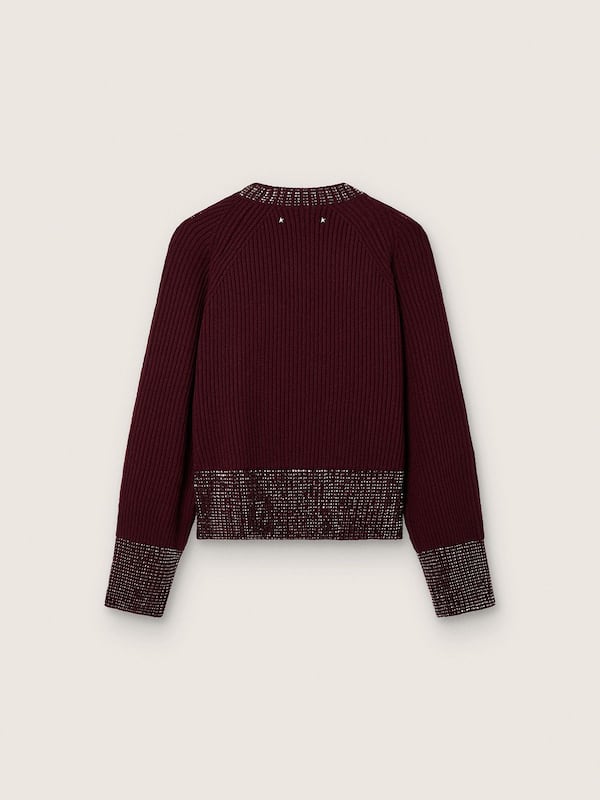 Golden Goose - Women's crew-neck sweater in burgundy wool with rhinestone embroidery in 