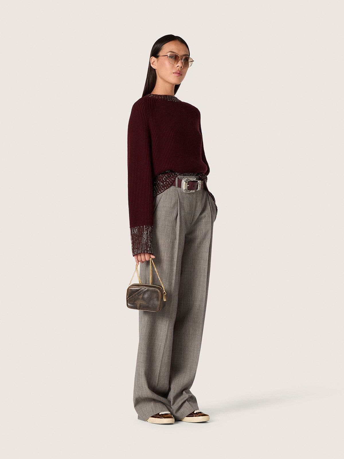 Golden Goose - Women's crew-neck sweater in burgundy wool with rhinestone embroidery in 