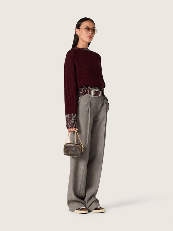 Golden Goose - Women's crew-neck sweater in burgundy wool with rhinestone embroidery in 