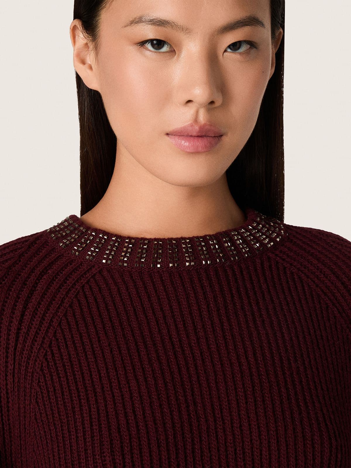 Golden Goose - Women's crew-neck sweater in burgundy wool with rhinestone embroidery in 