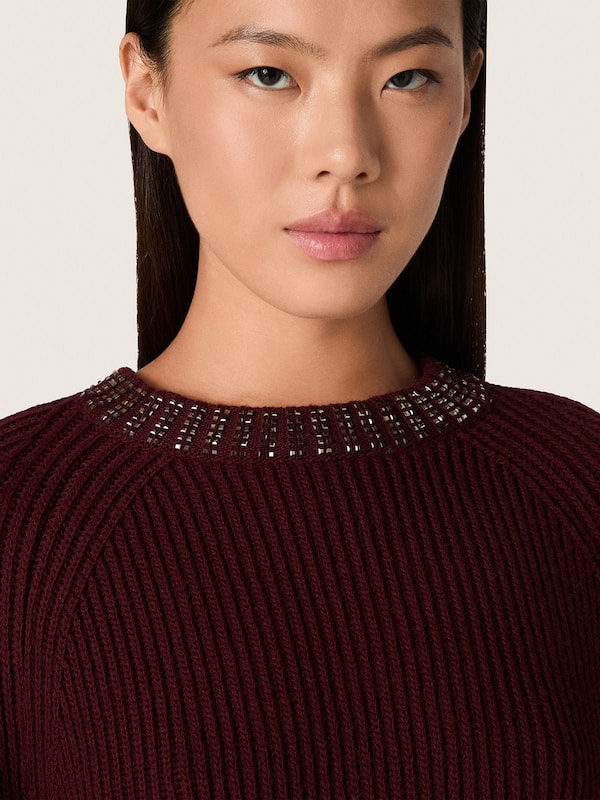 Golden Goose - Women's crew-neck sweater in burgundy wool with rhinestone embroidery in 