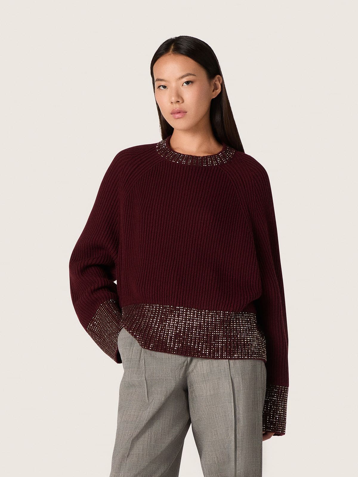 Golden Goose - Women's crew-neck sweater in burgundy wool with rhinestone embroidery in 