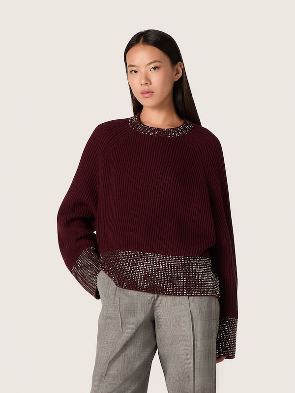 Golden Goose - Women's crew-neck sweater in burgundy wool with rhinestone embroidery in 