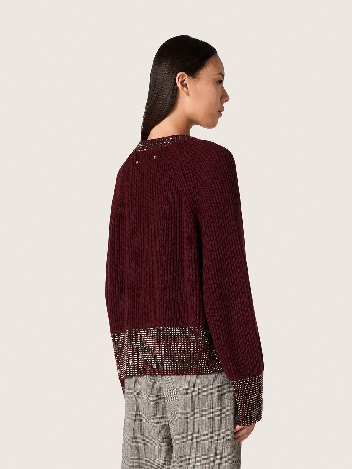 Golden Goose - Women's crew-neck sweater in burgundy wool with rhinestone embroidery in 