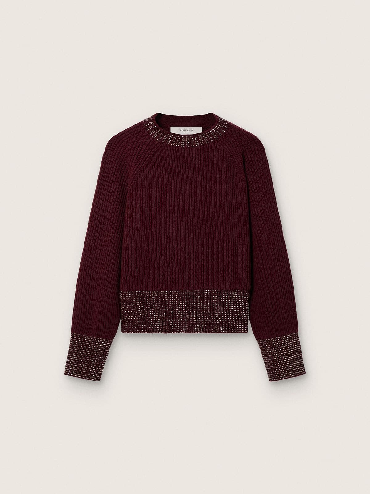 Golden Goose - Women's crew-neck sweater in burgundy wool with rhinestone embroidery in 
