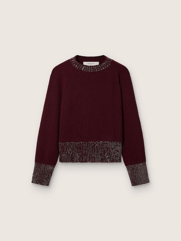 Golden Goose - Women's crew-neck sweater in burgundy wool with rhinestone embroidery in 