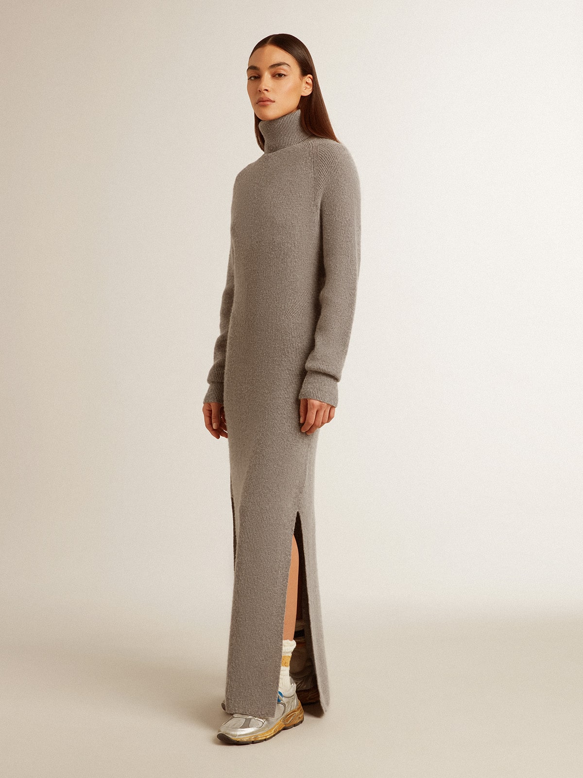 Golden Goose - Gray melange ribbed woolen dress with high neck in 