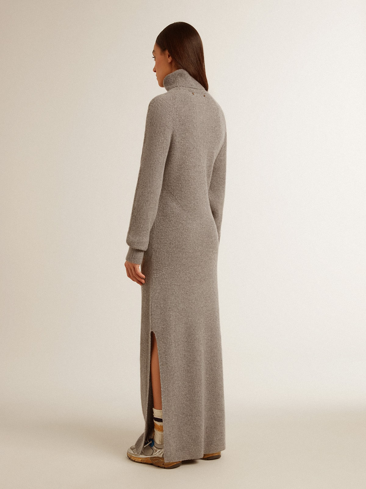 Golden Goose - Gray melange ribbed woolen dress with high neck in 