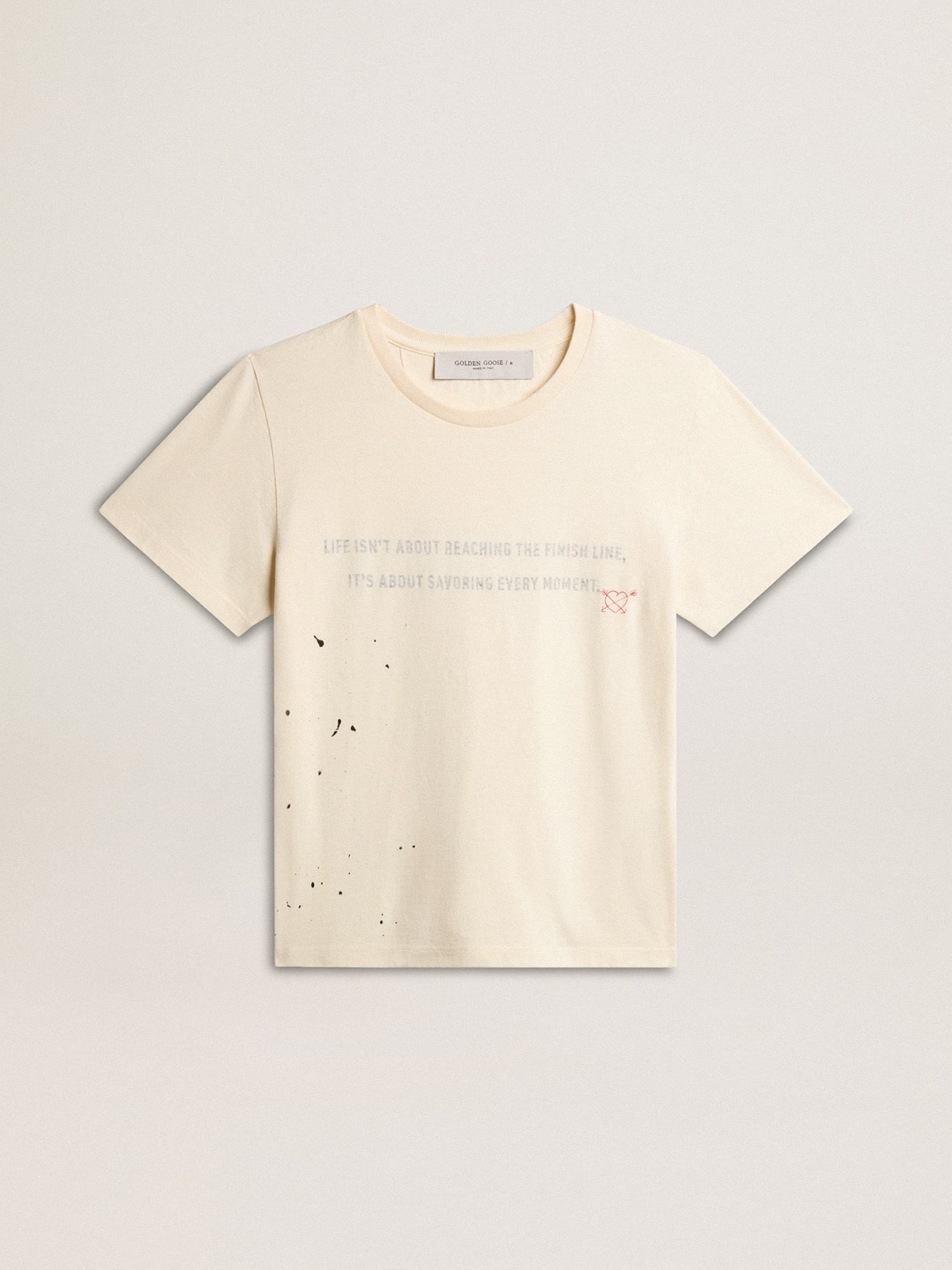 Golden Goose - T-shirt da donna in cotone color bianco vissuto con stampa e ricamo in 