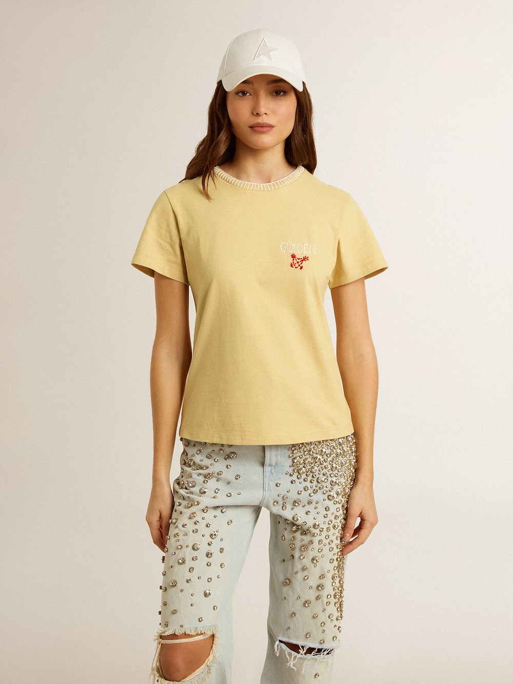 Golden Goose - Women's T-shirt in cotton jersey with embroidery on the neck and heart in 