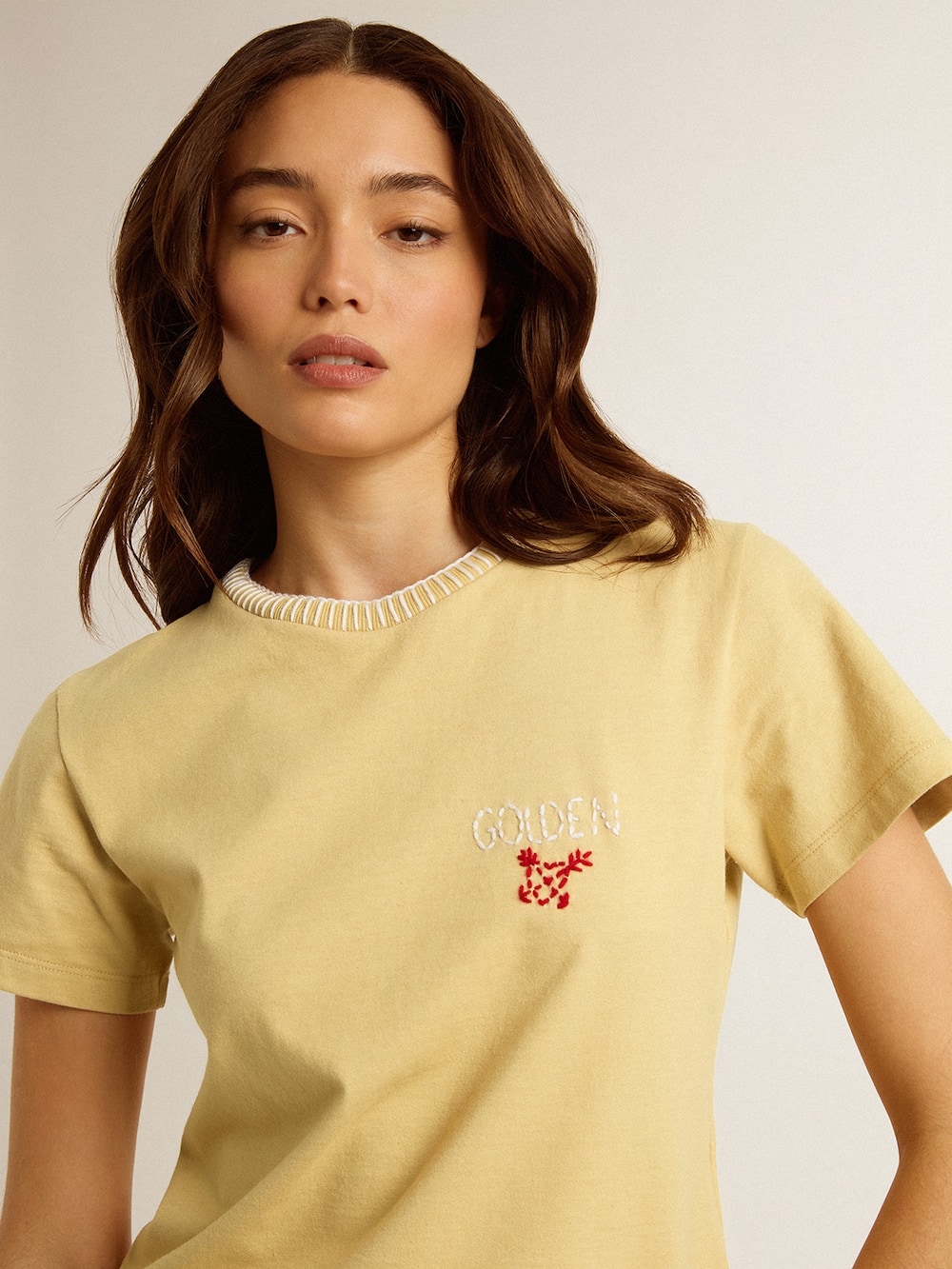 Golden Goose - Women's T-shirt in cotton jersey with embroidery on the neck and heart in 