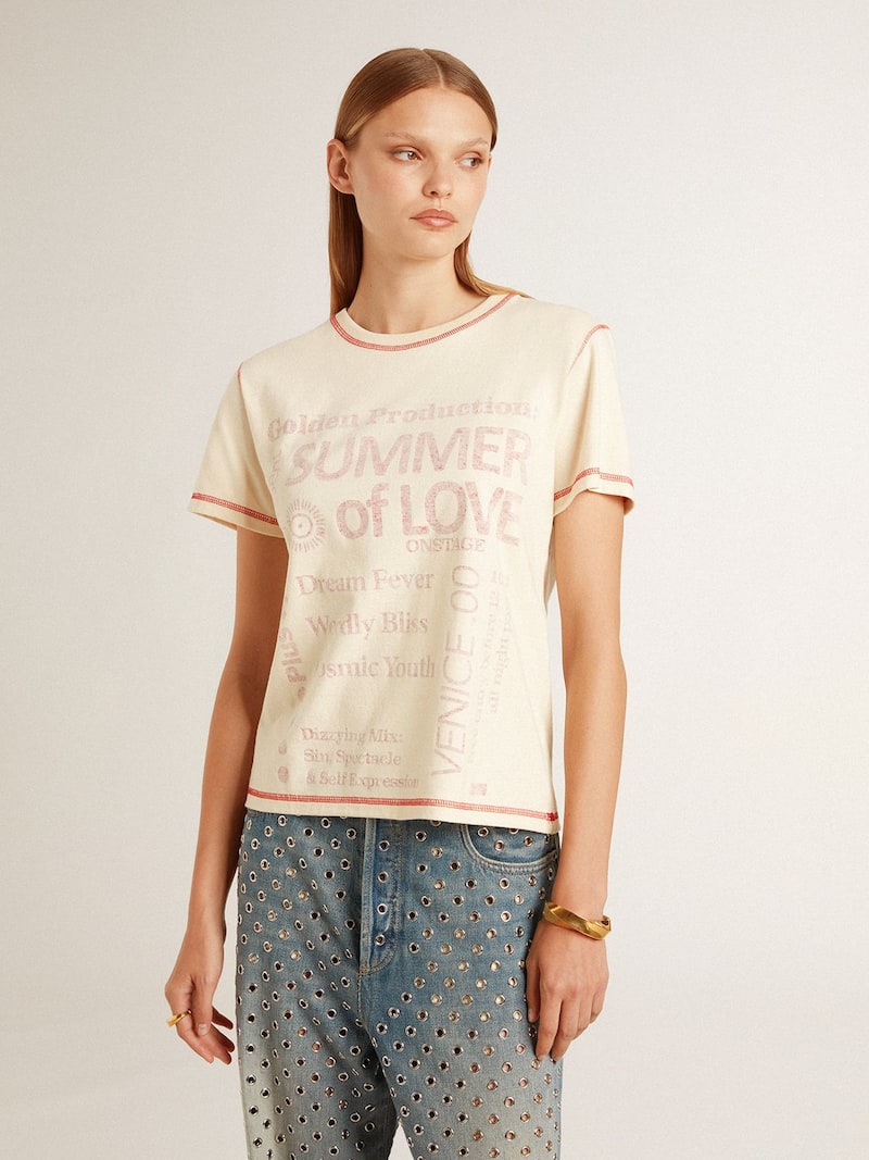 Golden Goose - Cremefarbenes Damen-T-Shirt mit verblichenen roten Details in 