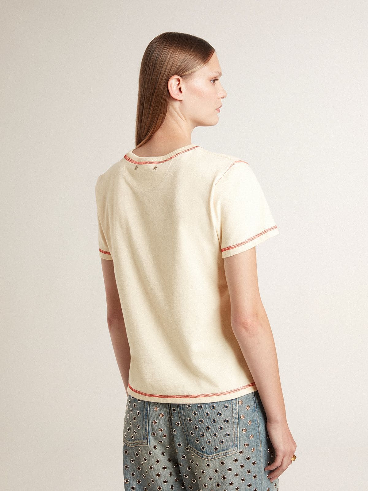 Golden Goose - Women's cream T-shirt with faded red accents in 