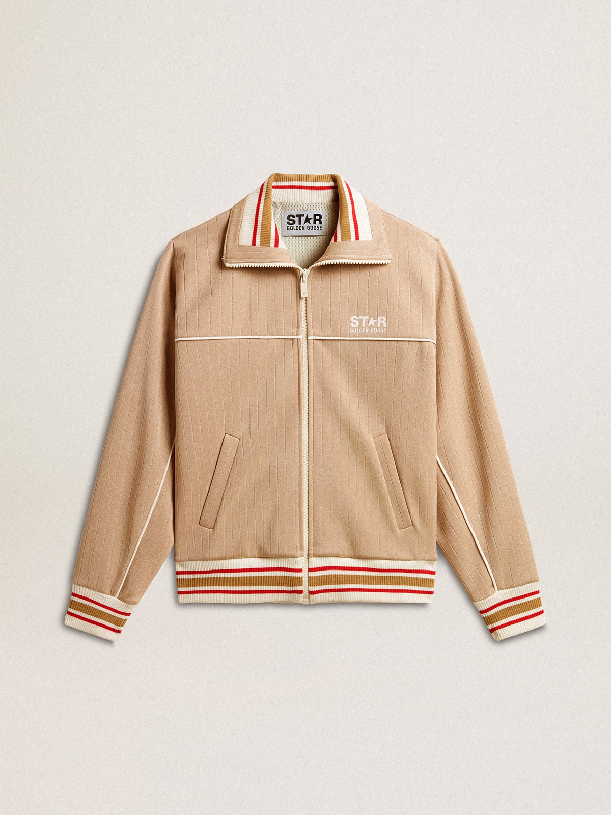 Golden Goose - Damensweatjacke in hellem Beige mit Reißverschluss und weißem Logo in 