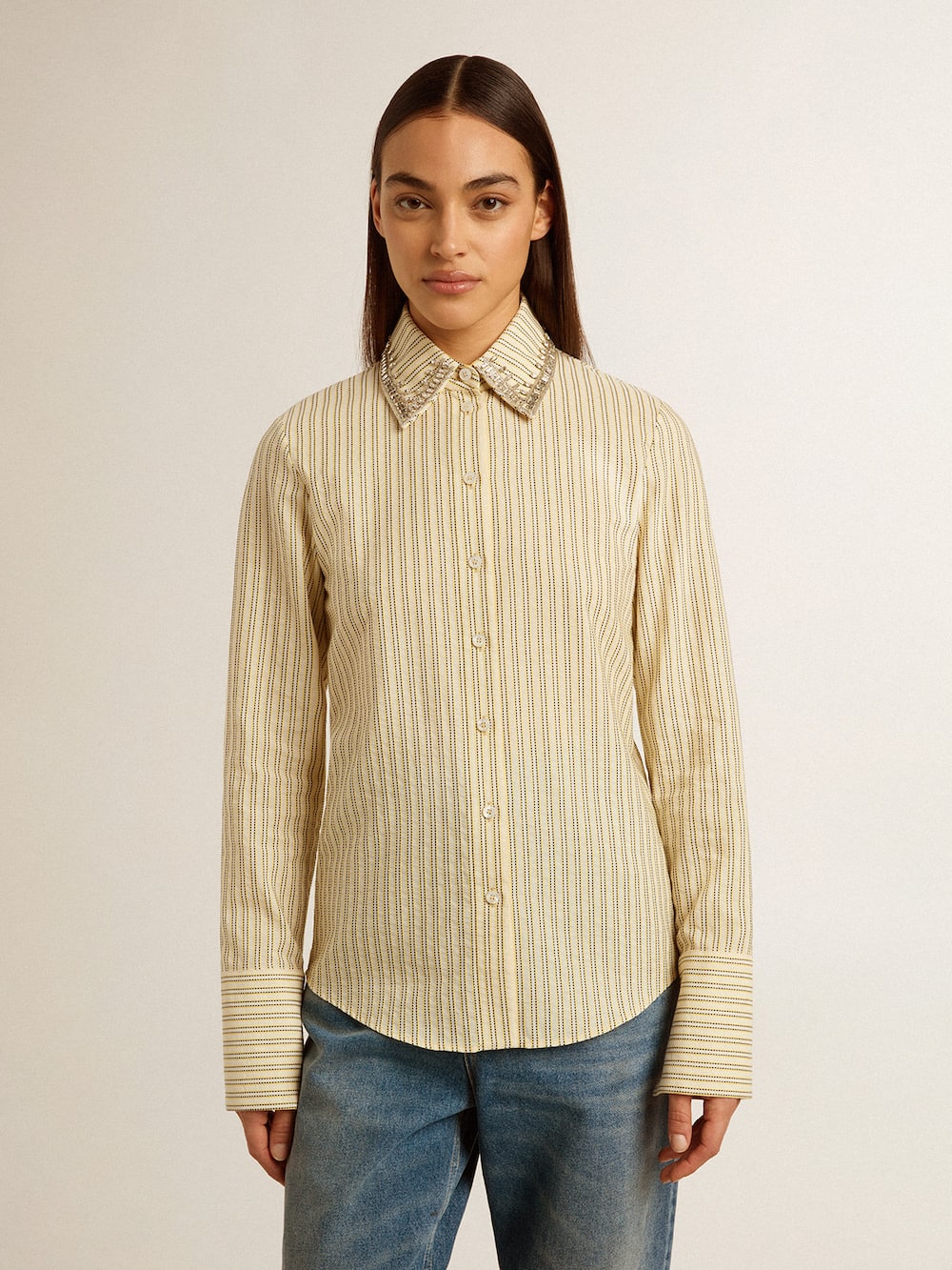Golden Goose - Ecru shirt with stripes and embroidered crystals in 