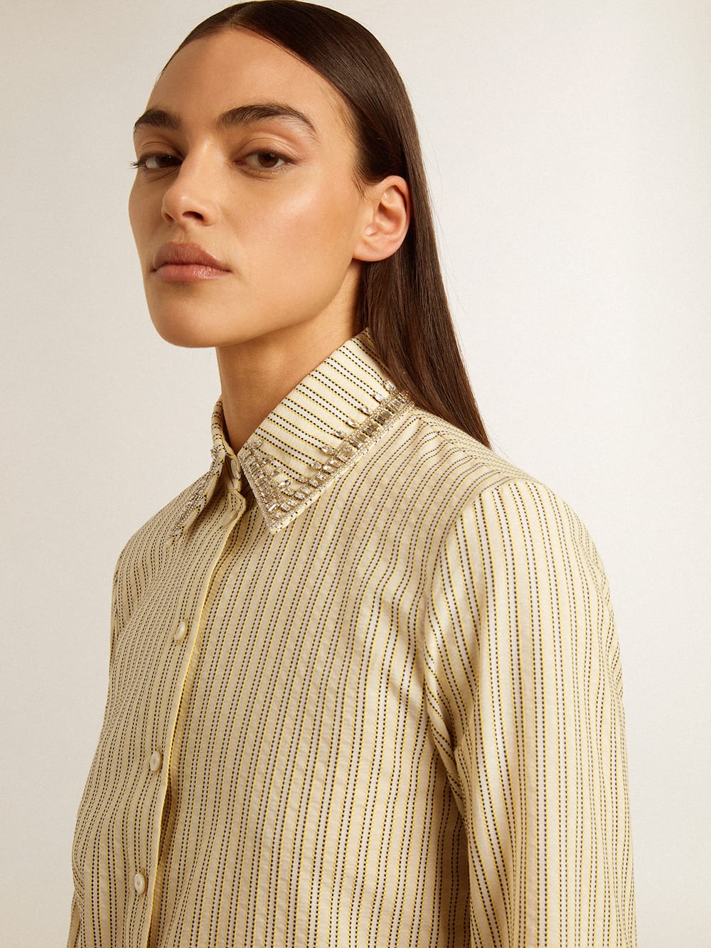 Golden Goose - Ecru shirt with stripes and embroidered crystals in 