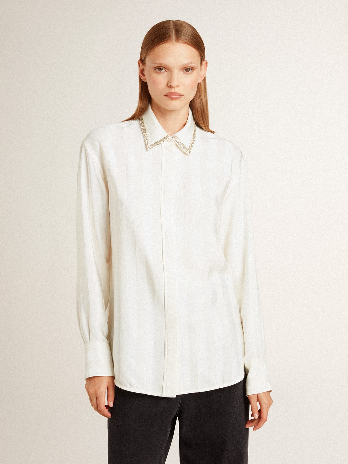 Golden Goose - Women's shirt with a vertical striped pattern and crystal embroidery in 