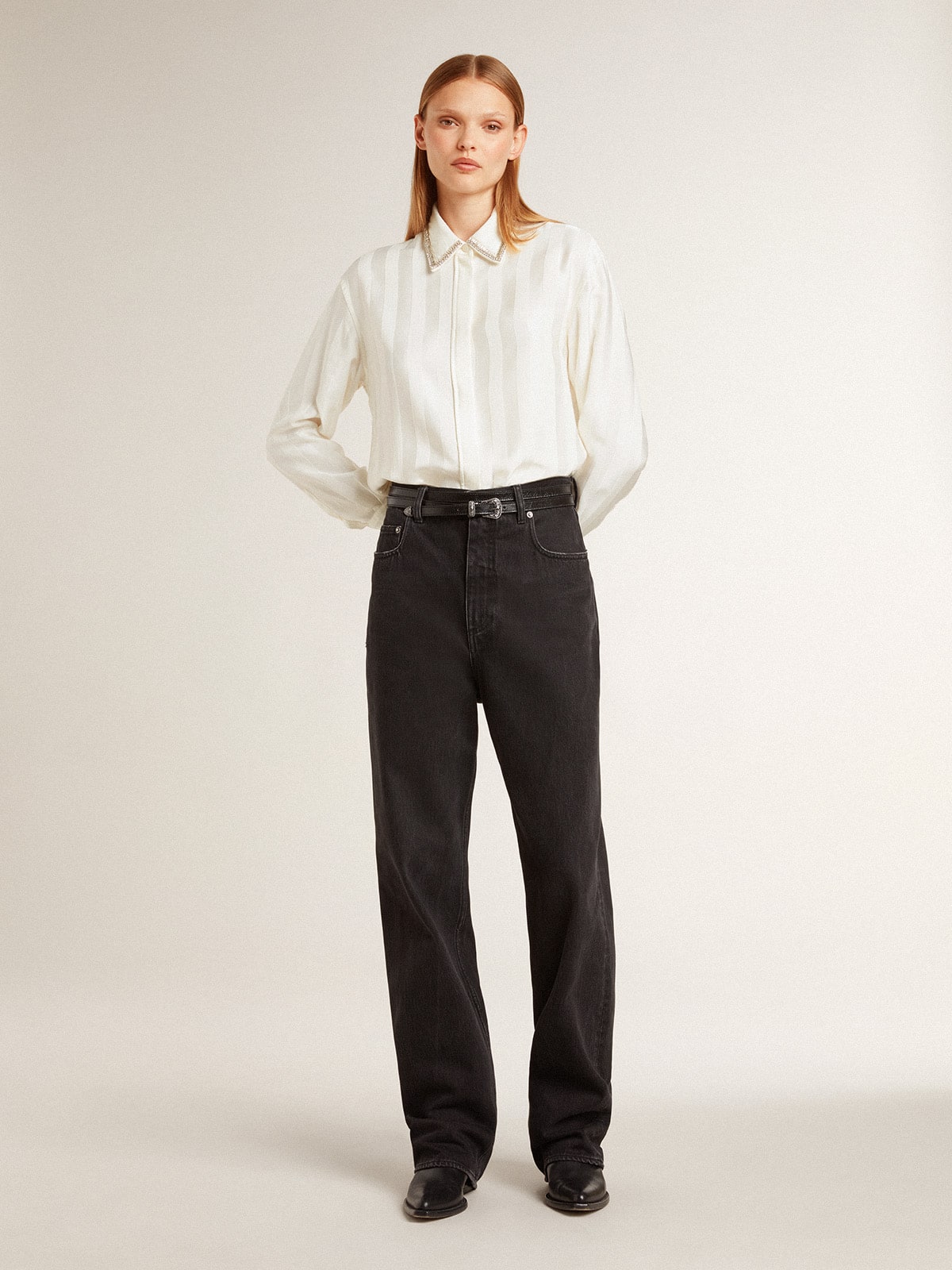 Golden Goose - Women's shirt with a vertical striped pattern and crystal embroidery in 