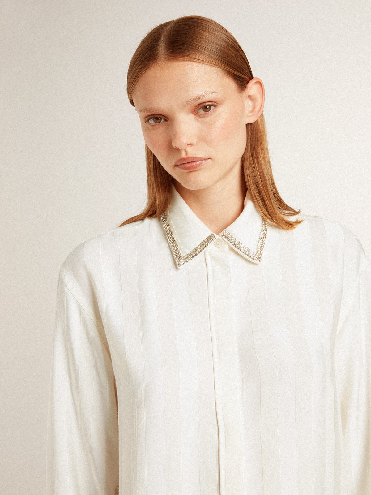 Golden Goose - Women's shirt with a vertical striped pattern and crystal embroidery in 