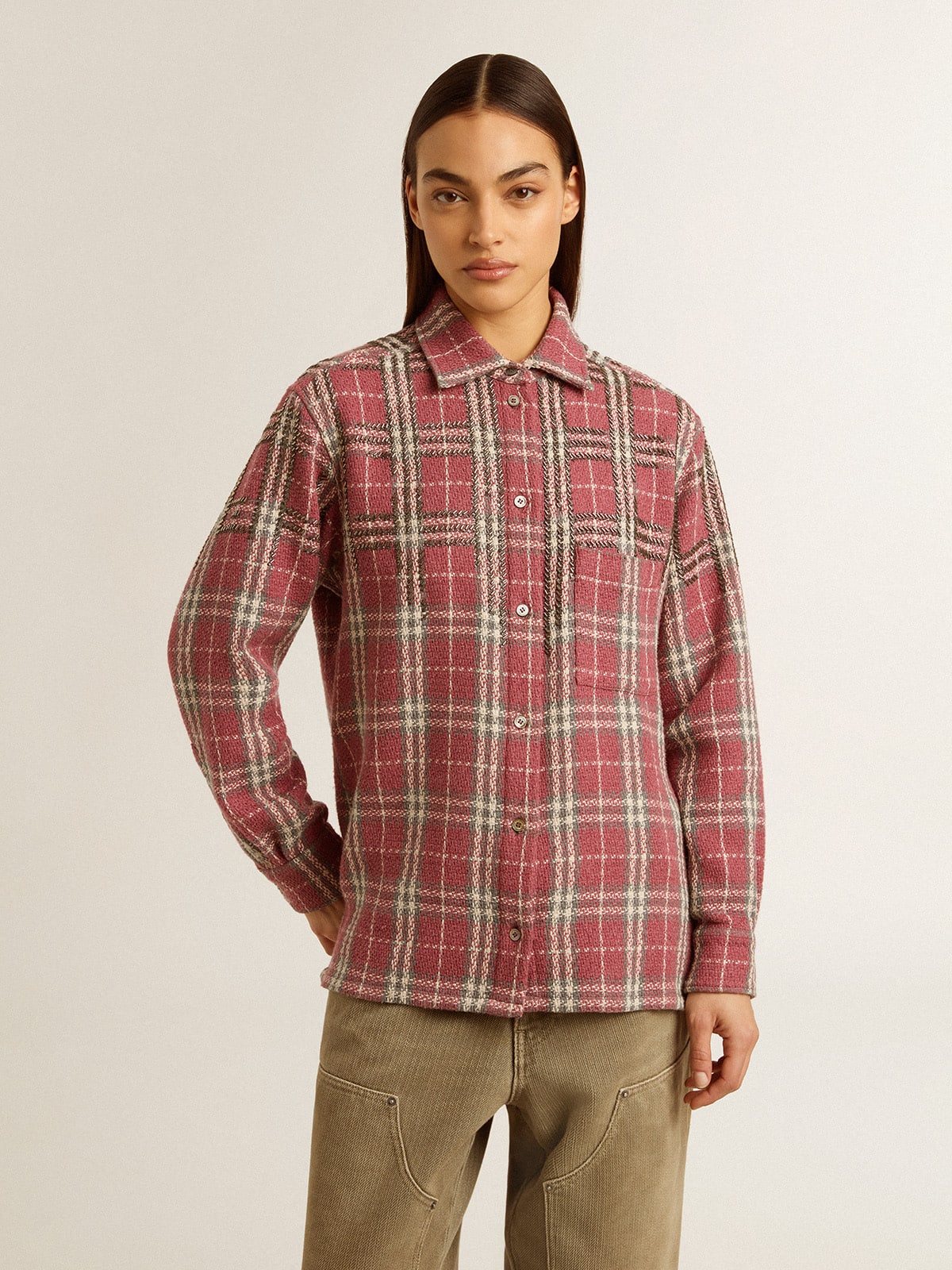 Golden Goose - Women's shirt with pink, sand and gray check embroidery in 