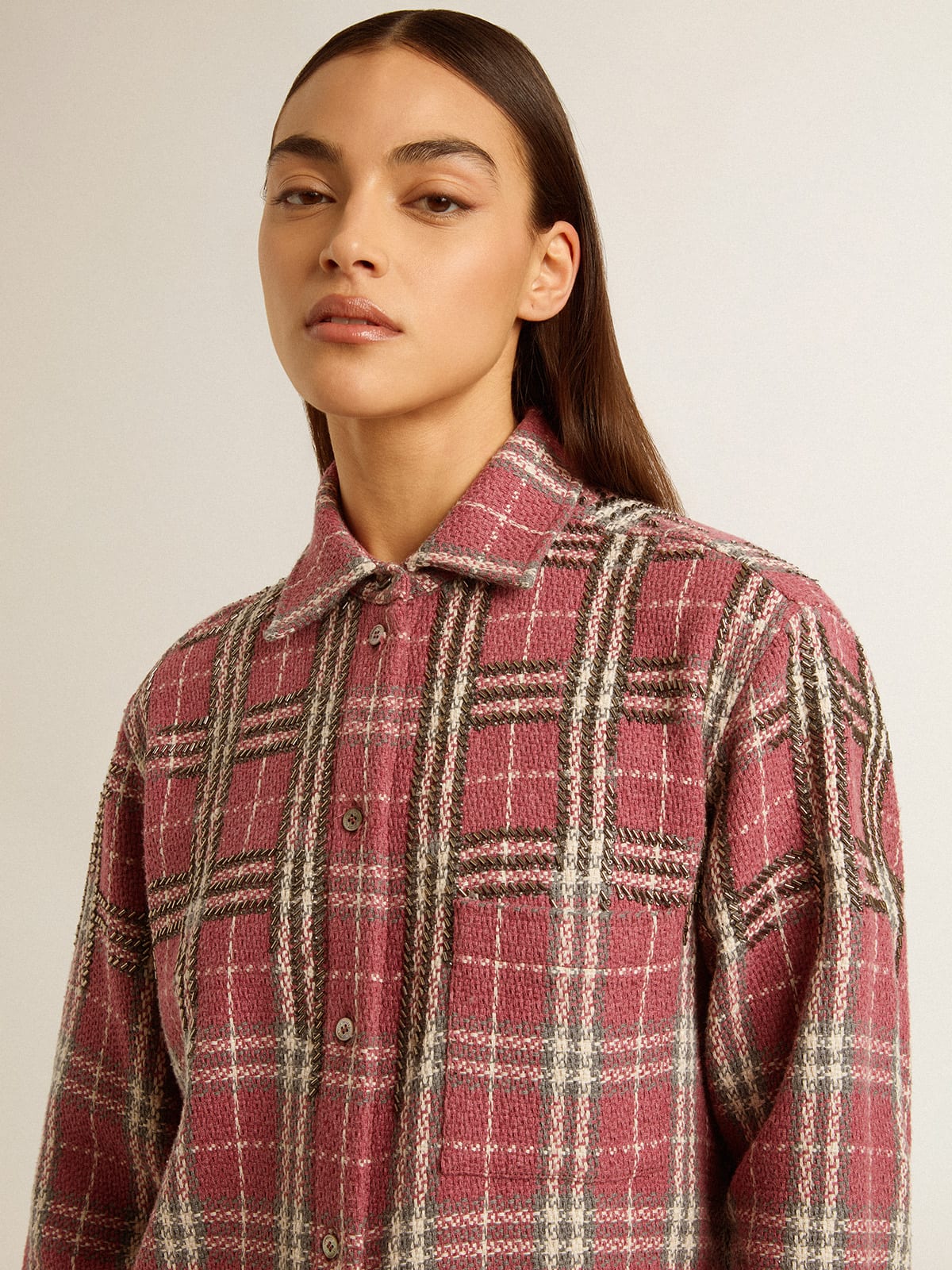 Golden Goose - Women's shirt with pink, sand and gray check embroidery in 