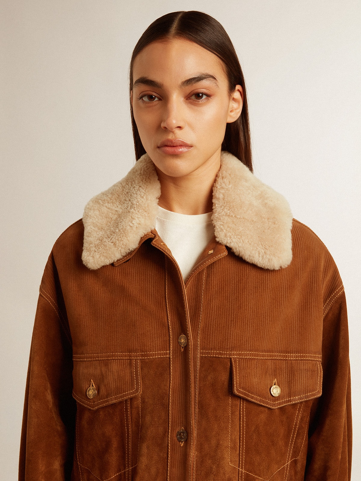 Golden Goose - Women's jacket in tobacco-colored split leather with a shearling collar in 