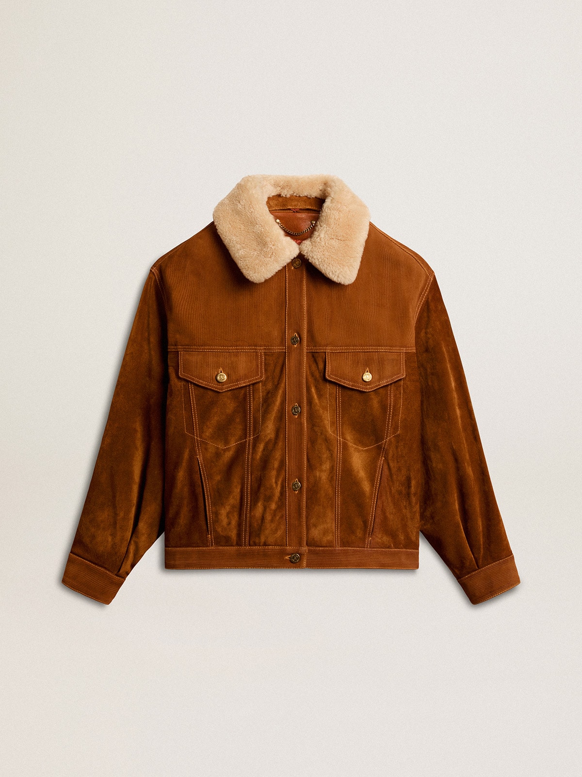 Golden Goose - Women's jacket in tobacco-colored split leather with a shearling collar in 