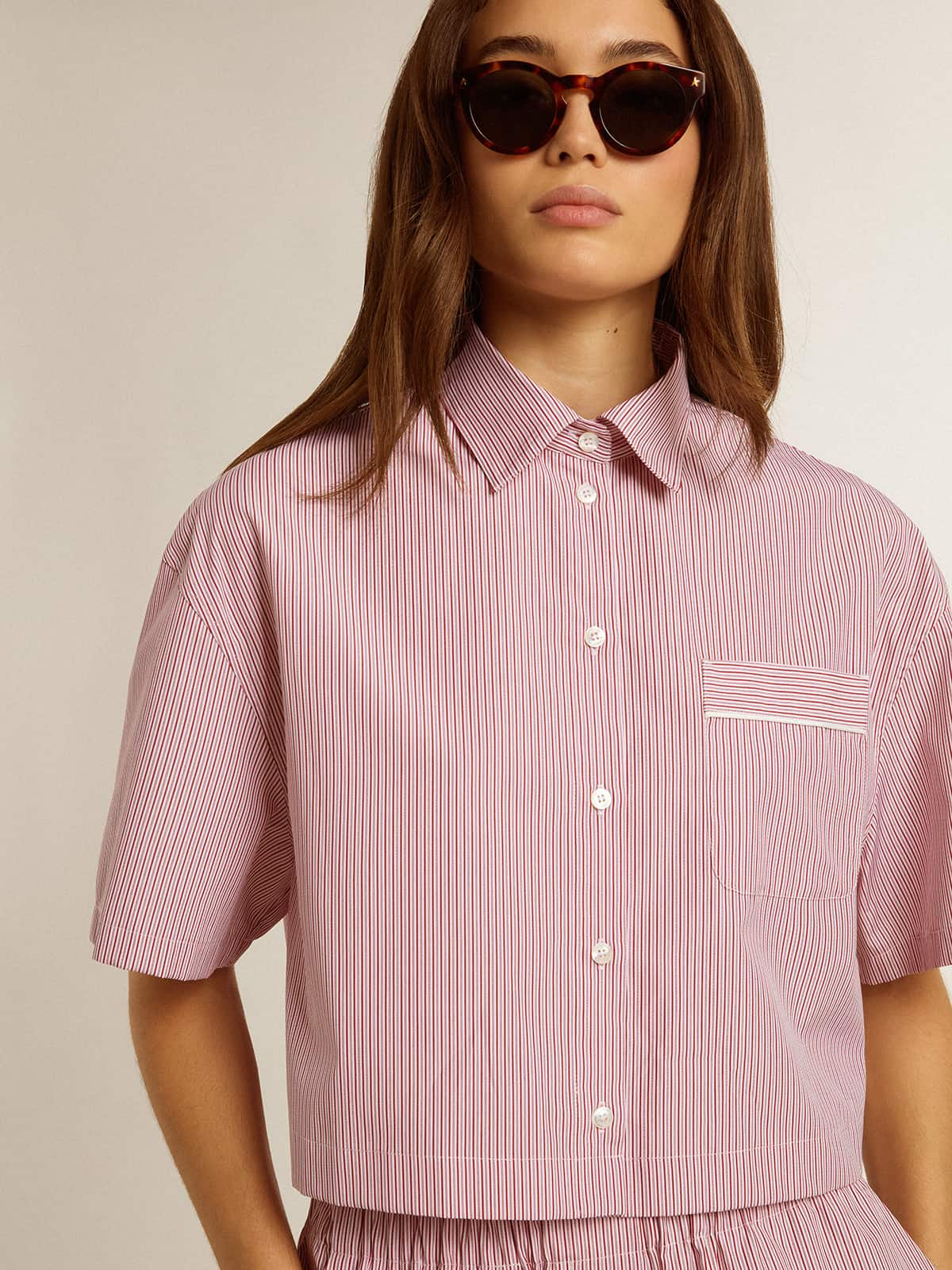 Golden Goose - Women's cropped shirt in striped cotton poplin in 