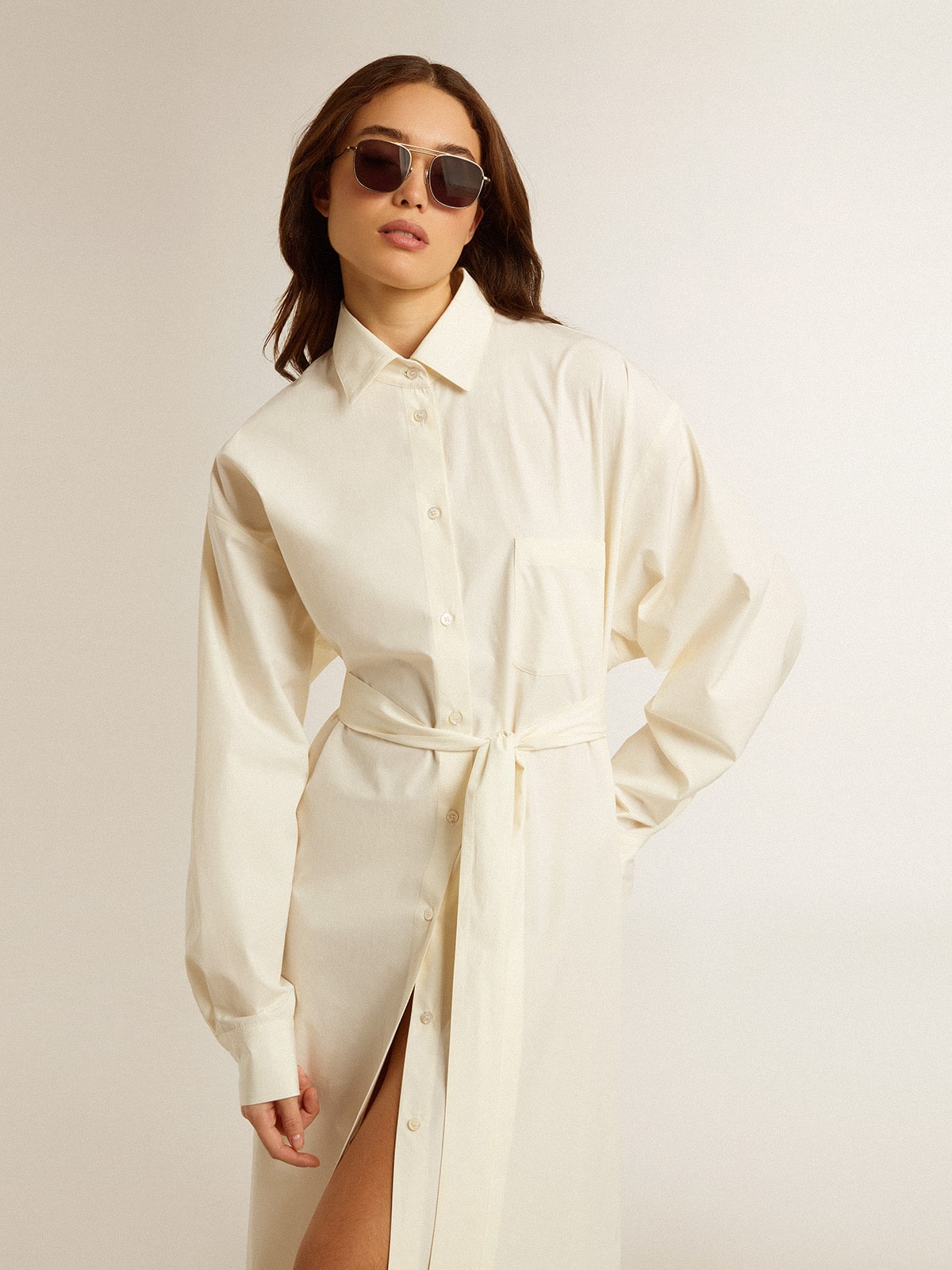 Golden Goose - Long shirt dress in solid color cotton poplin in 