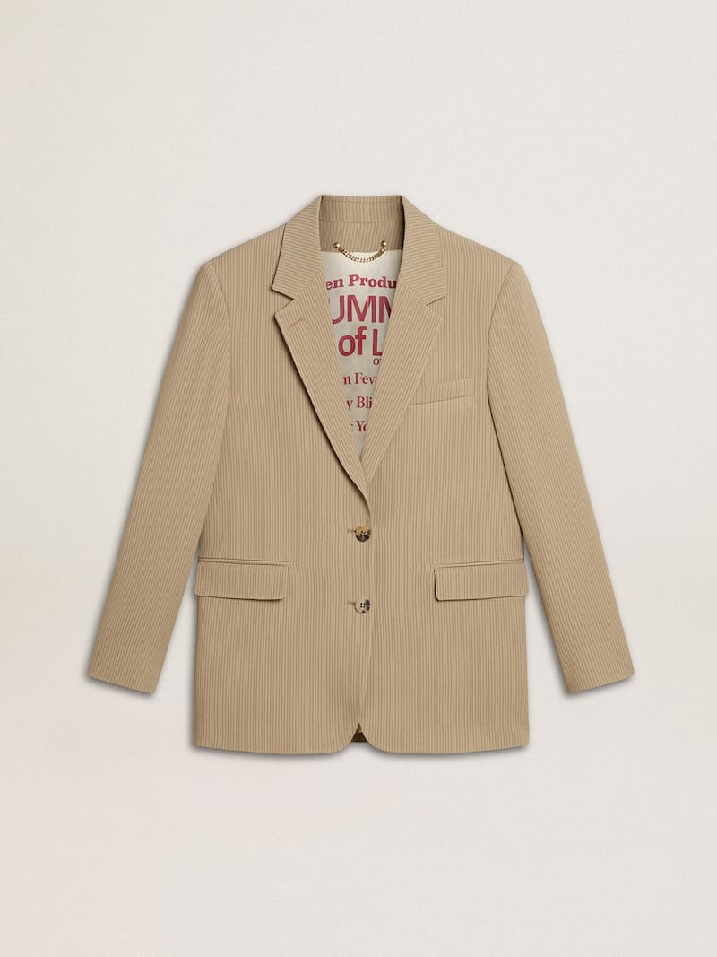 Women's beige pinstripe single-breasted jacket with an oversized fit