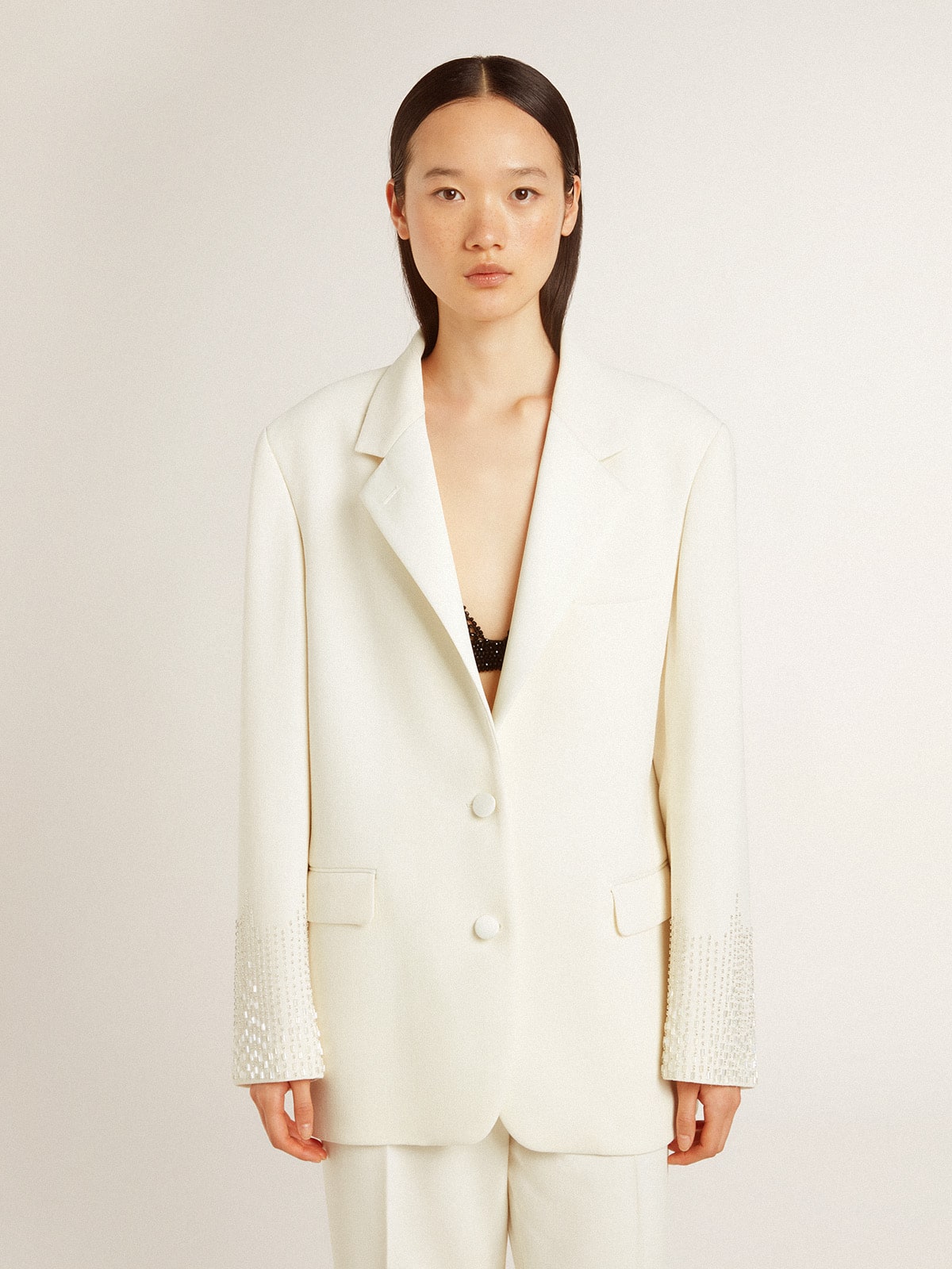 Golden Goose - Single-breasted oversize jacket in white with silk effect and embroidery in 