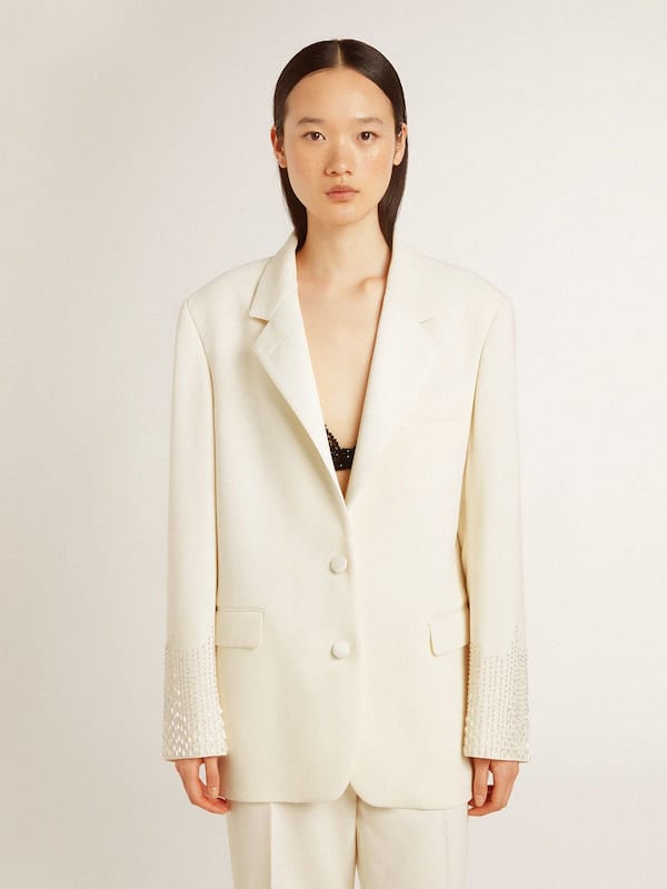 Golden Goose - Single-breasted oversize jacket in white with silk effect and embroidery in 